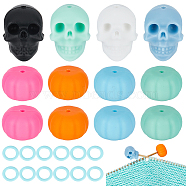 Halloween Skull & Pumpkin Silicone Knitting Needle Point Protectors, Knitting Needle Stoppers with Plastic Stitch Marker Rings, Mixed Color, Rings: 1.15x0.1cm, 50pcs, Stoppers: 1.95~2.1x1.6~2x1.3~2cm, Hole: 2~2.5mm, 16pcs(FIND-BC0005-36)