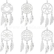 Unicraftale 6Pcs 6 Style 201 Stainless Steel Pendants, with Jump Rings, Woven Net/Web with Feather, Mixed Shape, Stainless Steel Color, 44x20x1mm, Hole: 3mm, 1pc/style(STAS-UN0036-24)