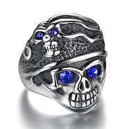 Rhinestone Skull Finger Ring, Antique Silver Plated 316L Surgical Steel Gothic Punk Jewelry for Men Women, Sapphire, US Size 13(22.2mm)(SKUL-PW0002-037G-AS)