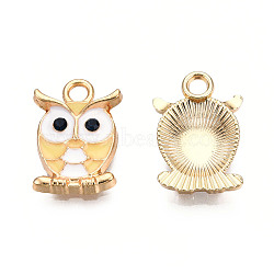 Alloy Enamel Pendants, with Rhinestone, Light Gold, Owl, Lemon Chiffon, 17x11.5x3.5mm, Hole: 2.5mm(ENAM-S119-014A)