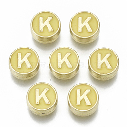Alloy Enamel Beads, Cadmium Free & Nickel Free & Lead Free, Flat Round with Initial Letters, Light Gold, Letter.K, 8x4mm, Hole: 1.5mm(ENAM-S122-028K-NR)