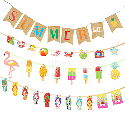 5 Bags 5 Style Summer Birthday Theme Paper Hanging Decorations & Flag Banners, with Hemp Cord, Mixed Shapes, Mixed Color, Pendant: 65~101x92~107x0.4mm, Hole: 2.8mm, 1bag/style(HJEW-GA0001-46)