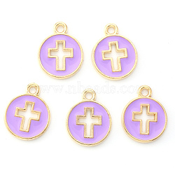 Light Gold Plated Alloy Enamel Pendants, Flat Round with Cross, Orchid, 15x12x1.5mm, Hole: 1.6mm(X-ENAM-R136-18C)