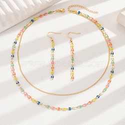 Fashionable Brass Enamel Double-layer Colorful Chain Lock Necklace Earrings Set, Golden(PA4201)