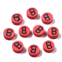 Handmade Polymer Clay Beads, Flat Round with Alphabet, Red, Letter.B, 9x3.5~5mm, Hole: 1.6mm(CLAY-N011-031B)