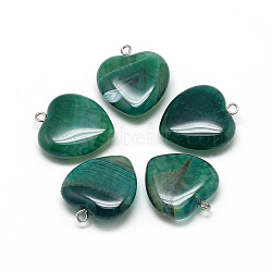 Natural Brazilian Agate Pendants, Dyed & Heated, with Iron Findings, Heart, Platinum, Teal, 22x20x6mm, Hole: 1.5mm(X-G-S262-01C)