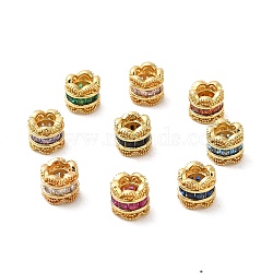 Rack Plating Brass Cubic Zirconia European Beads, Large Hole Beads, Long-Lasting Plated, Lead Free & Cadmium Free, Flower Column, Real 18K Gold Plated, Mixed Color, 8x7mm, Hole: 4.6mm(KK-K349-10G)