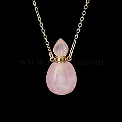 Natural Rose Quartz Perfume Bottle Pendant Necklace, Aromatherapy Essential Oil Bottle Necklace with Stainless Steel Chain Finding, 24.02 inch(61cm)(PW-WG2A891-10)