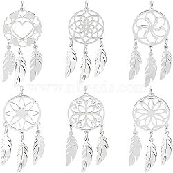 Unicraftale 6Pcs 6 Style 201 Stainless Steel Pendants, with Jump Rings, Woven Net/Web with Feather, Mixed Shape, Stainless Steel Color, 44x20x1mm, Hole: 3mm, 1pc/style(STAS-UN0036-24)