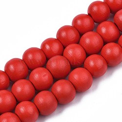 Painted Natural Wood Beads Strands, Round, Red, 10x8~9mm, Hole: 2~3mm, about 41~42pcs/strand, 13.98 inch~14.61 inch(35.5~37.1cm)(WOOD-S053-54H)