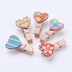 Wooden Craft Pegs Clips, Heart, Spray Paint, Clothespins, Paper Note Photo Holder, Mixed Color, 37.5x21x11mm(WOOD-L003-29)