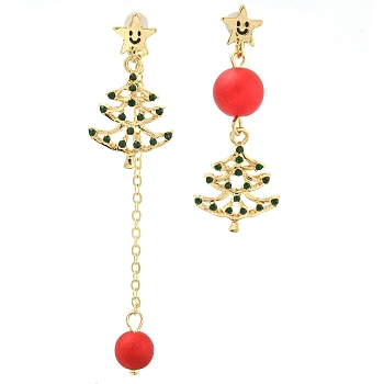 Christmas Tree & Round Alloy & Acrylic Beaded Dangle Stud Earrings for Women, with Brass Pin, Red, Golden, 47~76x17.5mm