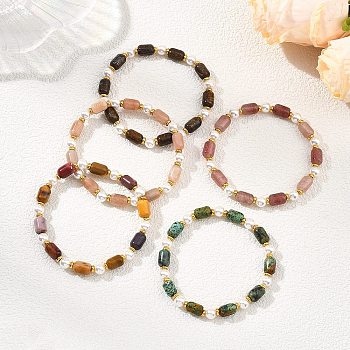 Natural Sunstone/Natural Strawberry Quartz/Natural African Turquoise(Jasper)/Natural Bronzite/Natural Mookaite & Shell Pearl & Brass Beads Stretch Bracelets for Women, Barrel, Golden, Inner Diameter: 2.17 inch(5.5cm)
