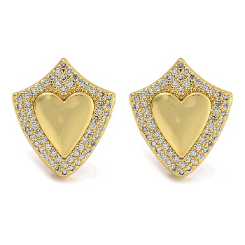 Rack Plating Brass Micro Pave Clear Cubic Zirconia Stud Earrings, Cadmium Free & Lead Free,Real 18K Gold Plated, Heart, 16.5x14mm