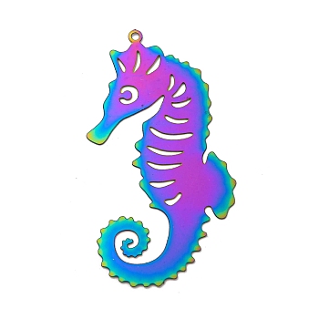 Ion Plating(IP) 201 Stainless Steel Etched Metal Embellishments Pendants, Rainbow Color, Sea Horse, 43x23x0.3mm, Hole: 1.2mm