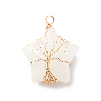 Natural Quartz Crystal Pendants, with Golden Tone Copper Wire Wrapped, Star with Tree, 36x30x12mm, Hole: 3.5mm
