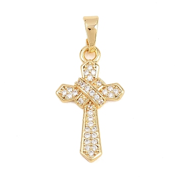 Brass Micro Pave Clear Cubic Zirconia Pendants, Cadmium Free & Lead Free, Cross Charms, Real 18K Gold Plated, 23x13x2.5mm, Hole: 3.5x6mm