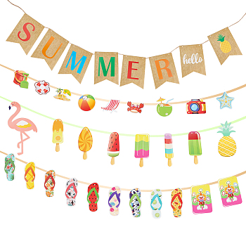 5 Bags 5 Style Summer Birthday Theme Paper Hanging Decorations & Flag Banners, with Hemp Cord, Mixed Shapes, Mixed Color, Pendant: 65~101x92~107x0.4mm, Hole: 2.8mm, 1bag/style