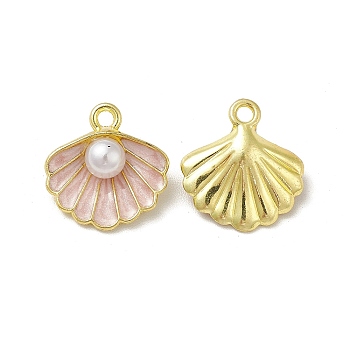 Rack Plating Alloy Enamel Pendants, with ABS Plastic Imitation Pearls, Light Gold, Shell Charms, Dark Salmon, 16x15x6mm, Hole: 1.8mm