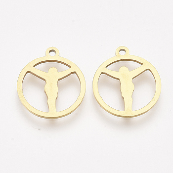 201 Stainless Steel Pendants, Laser Cut Pendants, Flat Round with Human, Golden, 17.5x15x1mm, Hole: 1.5mm