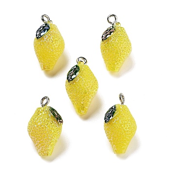 AB Color Resin Pendants, Fruit Charms with Platinum Plated Iron Loops, Lemon, 22~23x13~14x12.5mm, Hole: 2mm