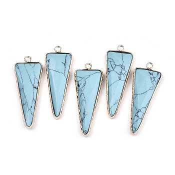 Synthetic Turquoise Pointed Pendants, with Light Gold Plated Brass Edge and Loop, Triangle, Faceted, 45.5x16.5x6~7mm, Hole: 2.5mm