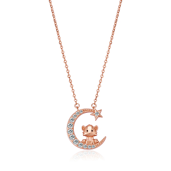 Chinese Zodiac Necklace Tiger Necklace 925 Sterling Silver Rose Gold Tiger on the Moon Pendant Charm Necklace Zircon Moon and Star Necklace Cute Animal Jewelry Gifts for Women, Tiger, 15 inch(38cm)