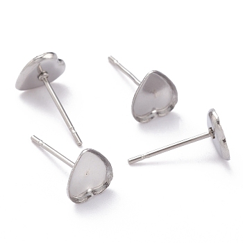 304 Stainless Steel Stud Earring Settings, Heart, Stainless Steel Color, 7x7x1mm, Tray: 6x5mm, Pin: 0.8mm