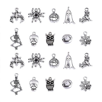 100pcs 10 Style Tibetan Style Alloy Charms, Lead Free & Cadmium Free, for Halloween, Spider & Punk & Skull & Witch & Ghost, Antique Silver, 11~26x10~19x2~5.5mm, Hole: 1~2mm, 10pcs/style