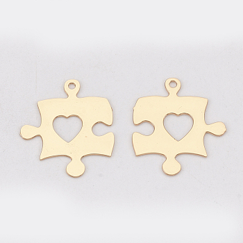 Brass Pendants, Etched Metal Embellishments, Long-Lasting Plated, Puzzle with Heart, Light Gold, 15x13x0.3mm, Hole: 1mm