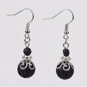 Natural Lava Rock Bead Dangle Earrings, with Brass Earring Hooks, Alloy and Iron Findings, Platinum, 42mm