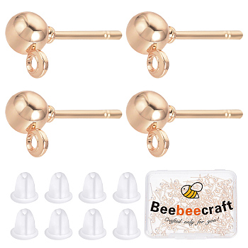 100Pcs Iron Ball Stud Earring Post, with Horizontal Loops and 100Pcs Plastic Ear Nuts, Rose Gold, 6.5x4mm, Hole: 1mm, Pin: 0.8mm
