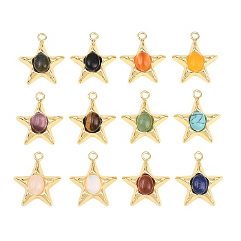 Natural & Synthetic Mixed Gemstone Pendants, Star Charms, with Brass Findings, Long-Lasting Plated, Rack Plating, Real 18K Gold Plated, Mixed Dyed and Undyed, 28x24x7.5mm, Hole: 3mm