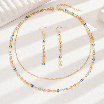 Fashionable Brass Enamel Double-layer Colorful Chain Lock Necklace Earrings Set, Golden