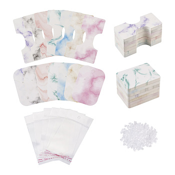 210Pcs Marble Pattern Paper Hair Ties & Earring Display Card Sets, with 210Pcs Cellophane Bags and 400Pcs Plastic Ear Nuts, Mixed Color, 8.8x4x0.04cm, 7 colors, 15pcs/color, 105pcs