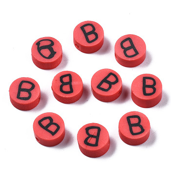 Handmade Polymer Clay Beads, Flat Round with Alphabet, Red, Letter.B, 9x3.5~5mm, Hole: 1.6mm