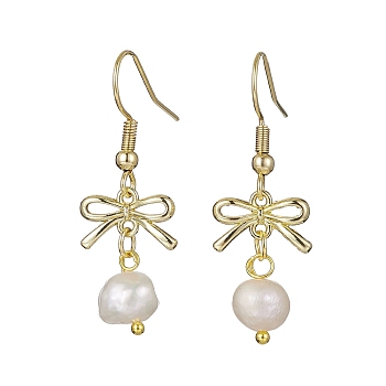 Alloy Bowknot Dangle Earrings, Natural Pearl Drop Earrings, Golden, 36x12.5mm