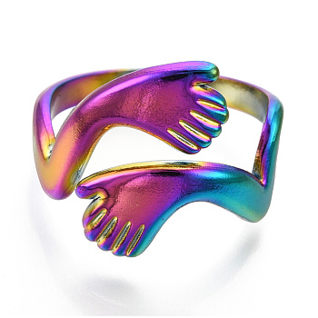 304 Stainless Steel Hugging Hand Cuff Rings, Open Rings for Women Gils, Rainbow Color, US Size 9(18.9mm)