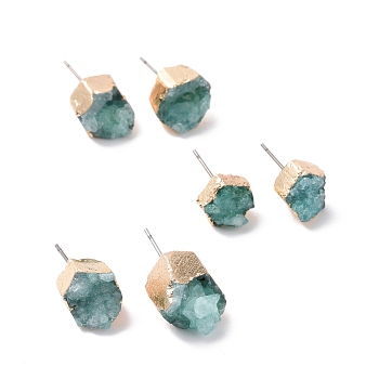 Natural Dyed Druzy Quartz Stud Earrings, with Brass Findings, Nuggets, Golden, Dark Sea Green, 3~13x3~13x4~9mm, Pin: 0.7mm