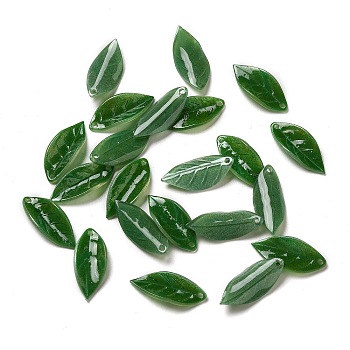Acrylic Pendants, Leaf, Green, 17~18x7~8x1~2mm, Hole: 0.9~1mm