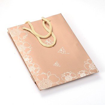 Rectangle Flower and Butterfly Pattern Cardboard Paper Bags, Gift Bags, Shopping Bags, with Nylon Cord Handles, BurlyWood, 15x11x6cm