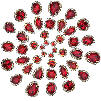 100Pcs 10 Style Flower/Horse Eye/Teardrop Sew on Rhinestone, Transparent Glass Rhinestone Multi-Strand Links, with Iron Prong Settings, Faceted, Light Siam, 8~23x8~17.5x4~7mm, Hole: 0.9~1.6mm, 10pcs/style