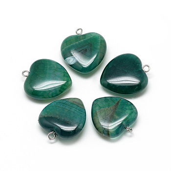 Natural Brazilian Agate Pendants, Dyed & Heated, with Iron Findings, Heart, Platinum, Teal, 22x20x6mm, Hole: 1.5mm