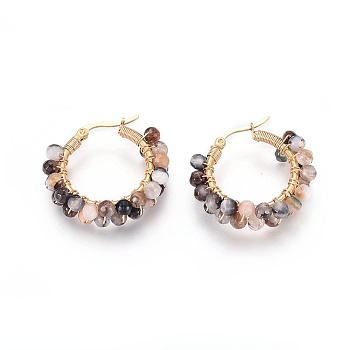 304 Stainless Steel Hoop Earrings, Beaded Hoop Earrings, with Natural Agate Beads, Ring, Golden, 32~33x31.5~33x7.5~8mm, Pin: 0.7x1mm