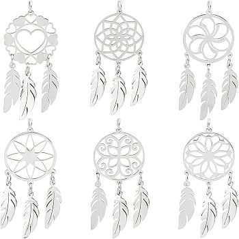 Unicraftale 6Pcs 6 Style 201 Stainless Steel Pendants, with Jump Rings, Woven Net/Web with Feather, Mixed Shape, Stainless Steel Color, 44x20x1mm, Hole: 3mm, 1pc/style