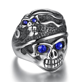 Rhinestone Skull Finger Ring, Antique Silver Plated 316L Surgical Steel Gothic Punk Jewelry for Men Women, Sapphire, US Size 13(22.2mm)