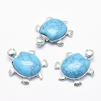 Synthetic Turquoise Pendant, with Alloy Findings, Tortoise, Platinum, Dyed, 38x30.5x8.2mm, Hole: 3x4.5mm