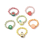 6Pcs 6 Style Strawberry & Watermelon & Kiwi & Apple & Lemon Polymer Clay & Glass Seed Stretch Rings Set, Fruit Stackable Rings for Women, Mixed Color, Inner Diameter: 20mm, 1Pc/style(RJEW-TA00070)