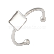 Non-Tarnish 304 Stainless Steel Open Cuff Ring Components, Pad Ring Setting, Square, Stainless Steel Color, Tray: 6x6mm, 1.5mm, Adjustable(X-STAS-I306-03P)