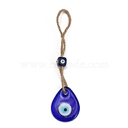 Handmade Lampwork Blue Evil Eye Hanging Ornaments, Jute Rope for Home Car Decorations, Teardrop, 175mm(PW23022382081)